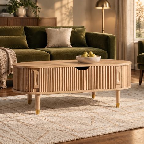 Table basse ovale relevable avec rangement et portes coulissantes, MDF, naturel OKMYHOME (1/5)