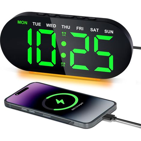 Réveil numérique avec veilleuse, 7 pouces, variateur 3 niveaux, fonction snooze, rechargeable par USB, date, température, double alarme (vert) (1/5)