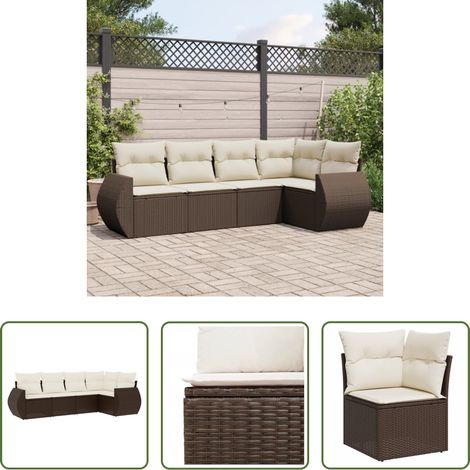 vidaXL Rattan - 5-tlg. Garten-Sofagarnitur mit Kissen Braun Poly Rattan (1/5)