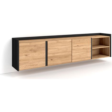 Skraut Home - Meuble TV, Banc Télé, Grand espace de Rangement, 207x35x50 cm, Pour les TV jusqu'à 80", Suspendu, Mural, Style moderne, Chêne et noir (1/5)