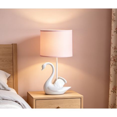 Abat-jour de table céramique cygne blanc + abat-jour rose, douille E14, déco lumineuse mignonne pour chambre fille