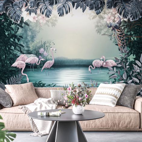 Papier peint panoramique Enfants - Flamant rose Fleurs - 130 cm x 87 cm (1/4)