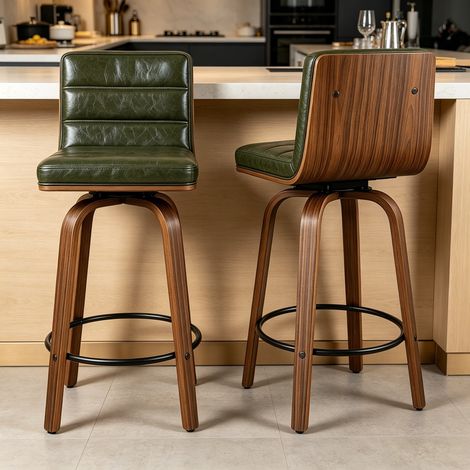 DESMIU Tabouret de bar pivotant avec dossier rembourré et repose-pieds, Pieds en bois, Vert (1/5)