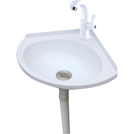Lavabo d'angle en plastique - 27,5 x 35 x 11 cm - Blanc - Bec mural - Eau froide unique - Pour cave, buanderie, jardin, camping, évier avec vidage (SC-001) (1/5)
