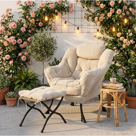 Sillón relax con puff, reposabrazos, bolsillo lateral, 72 x 80 x 93 cm, beige DESVIAE (1/5)