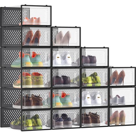 Boîtes à Chaussures, Rangement Chaussures en Plastique, Pliables et Empilables, pour Pointure Jusqu'à 43, Lot de 18, Transparent et Noir d'Encre LSP066B18 (1/5)