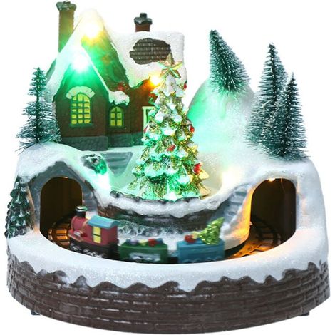 Handmade resin collectible Christmas house, powered by USB and batteries - a little train under the Christmas tree.