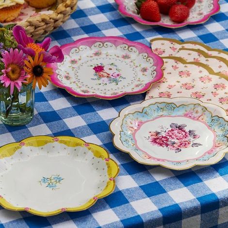 24 assiettes jetables roses, motifs floraux vintage, 17 cm, pour anniversaire et garden party