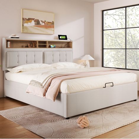 Bett 160x200 cm modern gepolstert in Beige mit verstellbarem Kopfteil, USB/Type-C, Steckdosen und Stauraum (1/5)
