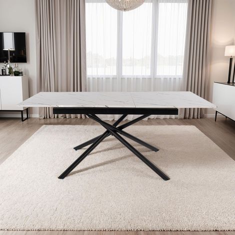 M&S – Table extensible 160/200x90x76 cm effet marbre blanc et noir – Piètement métallique – Style moderne pour salle à manger