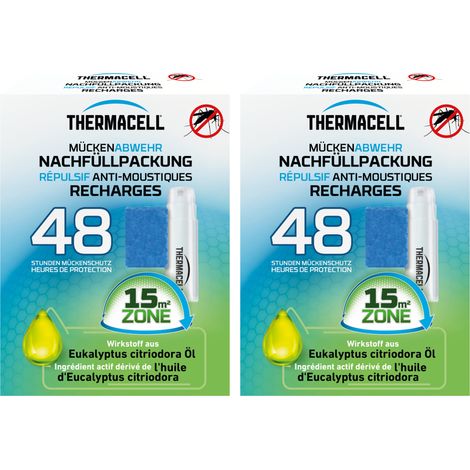 THERMACELL 2 Recharges Répulsives Anti Moustiques & Moustiques Tigres - Protection Efficace 15m²- Compatible avec Diffuseurs, Nomades et Lanternes - Durée 96h - 8 Cartouche Gaz + 24 plaquettes