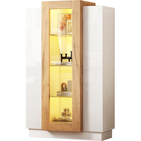 Vitrina, Biblioteca con 3 Puertas, 1 Cajón y LED, Control por App, Estilo Moderno, en Tablero de Partículas, Blanco y Madera, 74×40×120 cm (1/5)