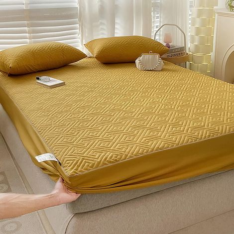 Matratzenbezug, 160 x 200 cm, effektiv mottensicher, 360° Rundumabdeckung, Polyester-Baumwoll-Mischgewebe, elastische Kanten, gelb. (1/5)