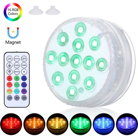 Lampe de piscine submersible avec télécommande RF, 13 LED RGBW à intensité variable, 16 couleurs et 3 modes d'éclairage, minuterie, aimants et ventouses, éclairage sous-marin étanche IP68 (1/5)