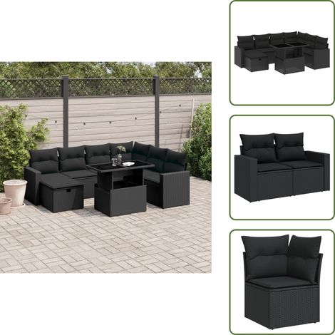 The Living Store 8-tlg. Garten-Sofagarnitur mit Kissen Schwarz Poly Rattan - Gartenmöbel Set - Esszimmerset Outdoor - Lounge Möbel - Rattan Gartenmöbel - Wetterfest (1/5)