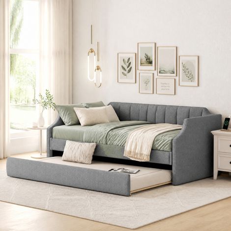 Cadre de lit 90x200 cm gris – lit gigogne, dossier et accoudoirs, sans matelas (1/5)