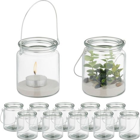 Relaxdays Vasetti Portacandele, Set 12, Vasi in Vetro, Bicchieri Lanterne, Manico, HxD 9,5 x 8 cm, Trasparente Argentato