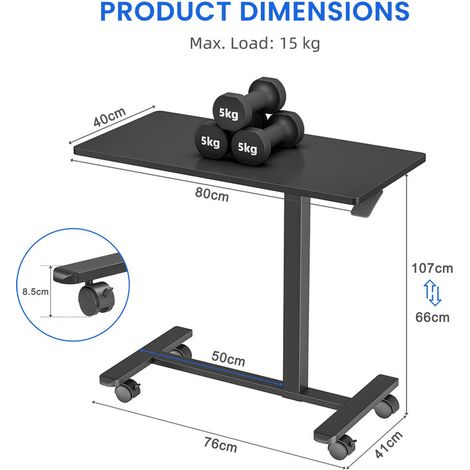 Pneumatic Height Adjustable Overbed Bedside Table with Wheels, 80 × 40 cm Standing C Shaped Laptop Desk, Small Rolling Bed & Sofa Side Table for Bedroom Living Room