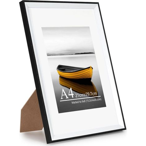 Cadre photo A4 (21 x 29,7 cm) noir et blanc avec passe-partout 15,2 x 20,3 cm avec verre acrylique Cadre A4 pour poster, certificat, montage mural (1/5)