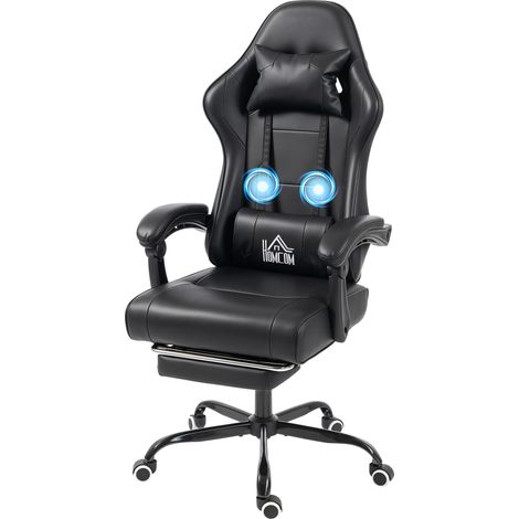 Chaise gaming ergonomique, fauteuil gamer avec support lombaire massant, dossier inclinable, hauteur réglable, noir