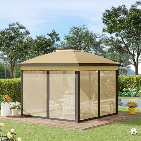 Tente pliante 3,3 x 3,3 m à hauteur réglable, double toit, 4 moustiquaires amovibles et sac de transport, beige anti-UV (1/5)