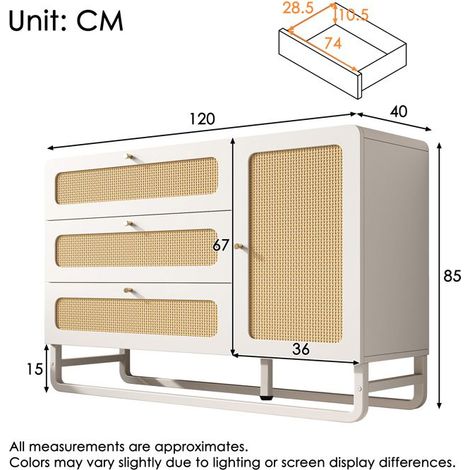 Commode Armoire - Rotin & Poignées Dorées - 3 Tiroirs - Blanc - 120x85x40 cm (1/5)
