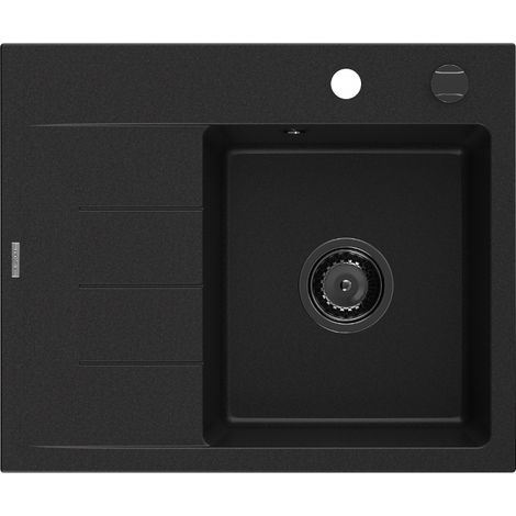 Mexen Ben lavello da cucina in granito a 1 vasca con gocciolatoio a destra 600 x 500 mm, nero, sifone nero - 6523605000-77-B (1/5)