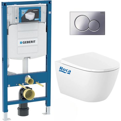 Pack WC Bati Geberit Duofix UP320 + cuvette Roca sans bride + abattant Soft Close + Plaque Chrome (GebOna-N) (1/5)