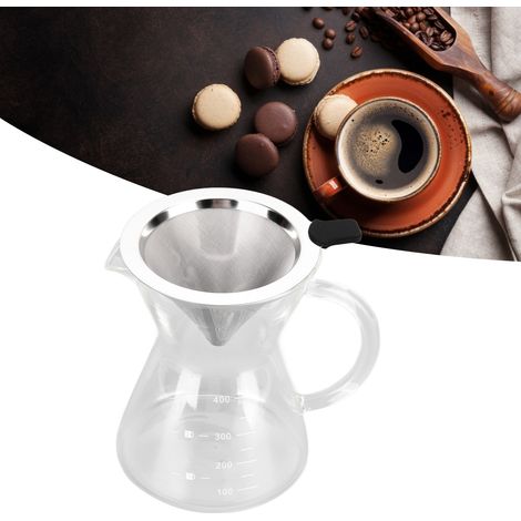 400 ml Glaskaffeekanne mit Griff, hitzebeständig, inklusive Trichter und Edelstahlfilter, flacher Boden zum Ausgießen des Kaffees. (1/5)