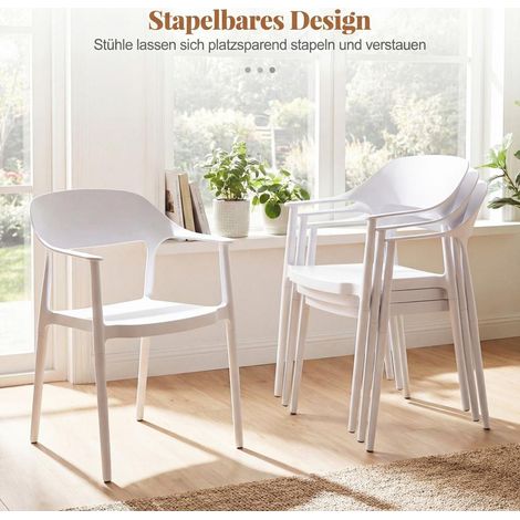 Montage sans outils, chaise de salle à manger empilable en PP, dossier ergonomique, intérieur extérieur, blanche (1/5)