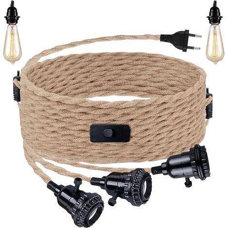 Kit de Suspension en Corde de Chanvre- Douille Avec Prise et Interrupteur - Câble E27-3 Ampoules excluses - Suspension Rétro DIY pour Salle à Manger et Maison (1/5)