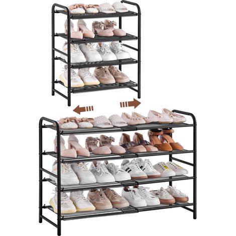 Étagère à Chaussures Extensible 4 Niveaux 50-84,5 cm, Rangement Chaussures en Maille Métallique pour 15–20 Paires, Gain de Place pour Entrée, Placard, Couloir (Noir) (1/5)
