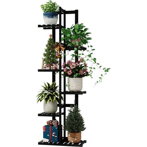 Support pour plantes en bambou - Étagère d'intérieur - Petit support de fleurs en métal pour terrasse, jardin, balcon, salon, chambre à coucher (noir, 6 niveaux) (1/5)