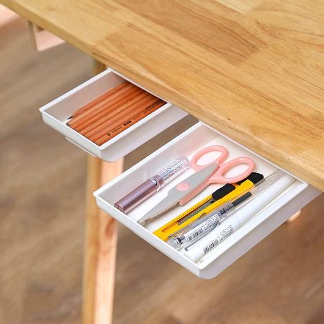 Tiroir Sous Bureau - Rangement Caché Pour Stylos Crayons Téléphone Clés Couverts - Blanc - 2 Pièces (1/5)