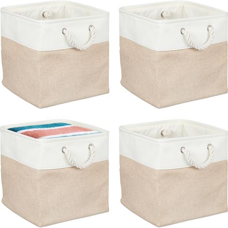 Relaxdays Storage Basket, Set of 4, Linen, with Rope Handles, 30x30x30 cm, for Clothes and Toys, Shelf Box, Beige/White