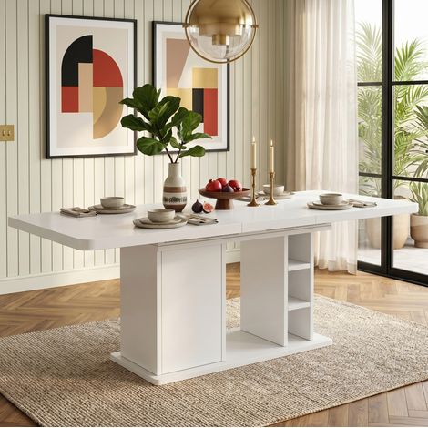 Table à manger extensible 140/180 cm 6 à 8 personnes avec rangement style scandinave MDF blanc (1/5)