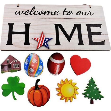 Willkommen in unserem Zuhause Holzschild mit 9 austauschbaren Ornamenten, ideal als Dekoration für Ostern, Feste und als Geschenk für die Haustür. (1/5)