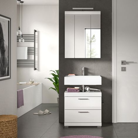 Badezimmer-Set 2-teilig in weiß mit weiß Hochglanz, mit Spiegelschrank inkl. LED-Aufsatzleuchte - SIROCO-158 (1/5)