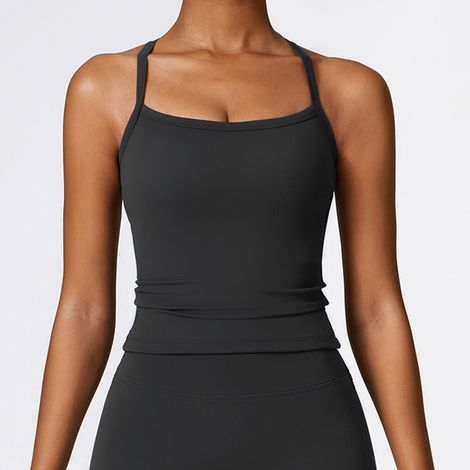 Débardeur de sport femme dos nu, sans manches, col rond, séchage rapide, coupe extensible, noir, taille S (1/3)