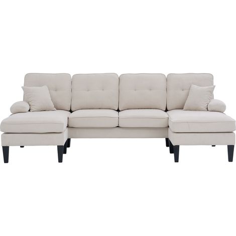 Canapé d'angle en U 4 places en lin beige avec deux chaises longues, pieds stables et coussins moelleux (1/5)
