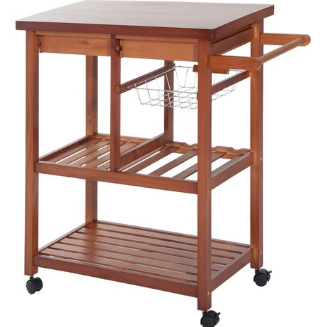 Desserte de cuisine en bois avec porte-bouteilles, panier, 2 étagères, 2 tiroirs, en pin, durable, facile à utiliser et polyvalente, 84,5 x 37,2 x 85 cm