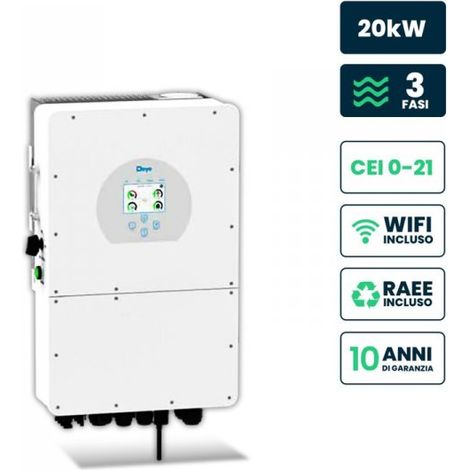 Inverter Fotovoltaico Deye Trifase Ibrido ALTA TENSIONE On-Grid/Off-Grid 20kW CEI 0-21, Schermo LCD Touch a Colori, Smart Meter Integrato, WiFi e TA, Garanzia 10 Anni IP65 SKU-12170