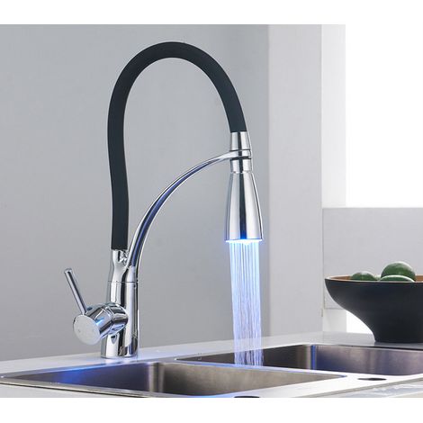 Robinet de cuisine, robinet de cuisine LED avec douchette extractible, mitigeur de cuisine rotatif à 360° noir, robinet d'évier de cuisine en laiton (1/2)
