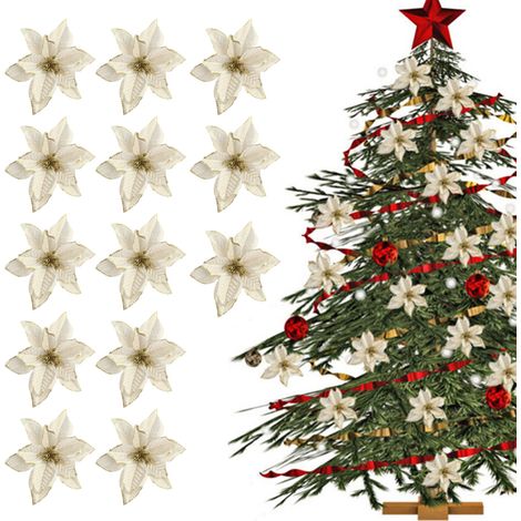 Fleur Poinsettia Dorée - Tige Flexible Enfilée - Décoration De Noël Pour Arbre, Guirlande, Couronne Et Centre De Table - Lot De 24 (1/5)