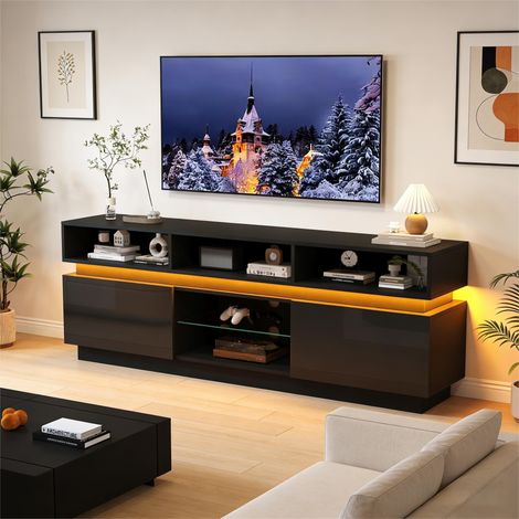 Meuble TV 160x35x60cm support verre trempé,LED haute luminosité. Structure MDF pour TV 60 pouces,couleur noire.