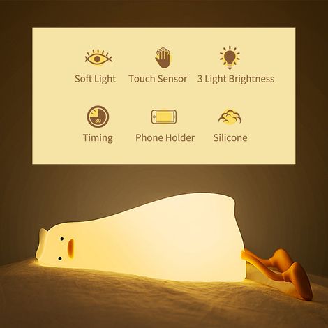 Veilleuse canard mignonne, blanc chaud, avec capteur tactile, 3 niveaux de luminosité, lampe en silicone souple, support pour téléphone, idéale pour les enfants et les tout-petits. (1/5)