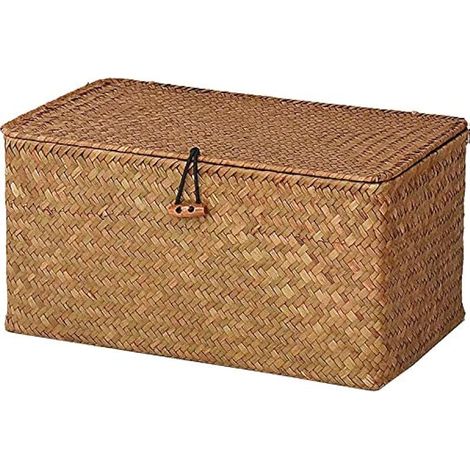 Paniers de Rangement Jonc de Mer avec Couvercles Naturel Corbeille Osier (Moyen 30cmx18cmx15cm H)