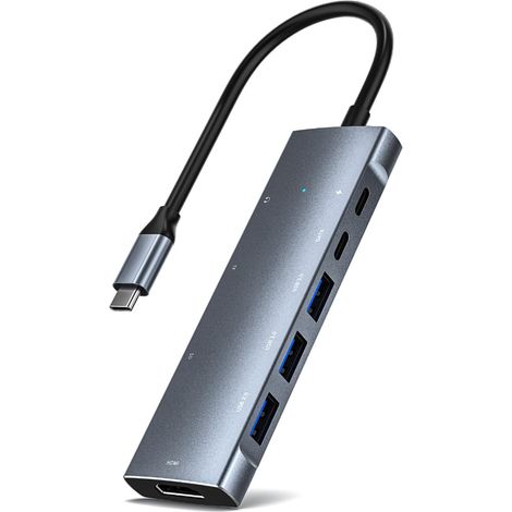Adaptateur multiport USB-C 9 en 1 avec 4K 30 Hz, alimentation 100 W, emplacements pour cartes SD/TF et ports de données. (1/2)