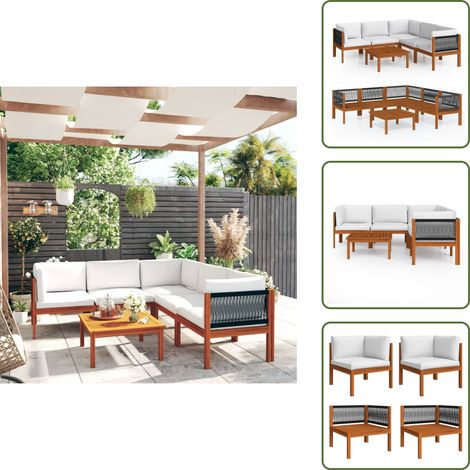 The Living Store Salon de jardin 6 pièces avec coussins, bois d'acacia crème et corde - Canapé de jardin (1/5)