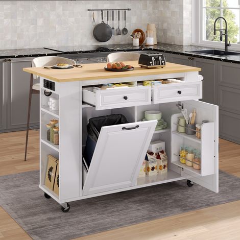 Îlot central de cuisine mobile - MODERNLUXE - 120x40-70x92 cm - Avec roulettes - Avec USB - 2 tiroirs - 2 portes - Blanc